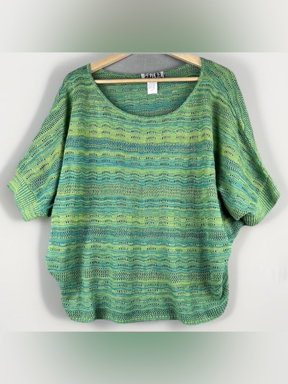 212 New York Women's Summer Sweater XL Green Short Sleeve Open Knit Boxy